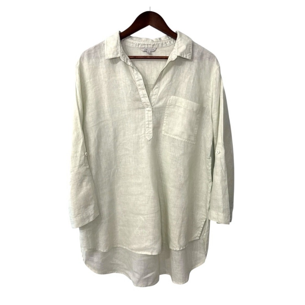 John Mark linen tunic top women's large green roll tab coastal minimalist beach